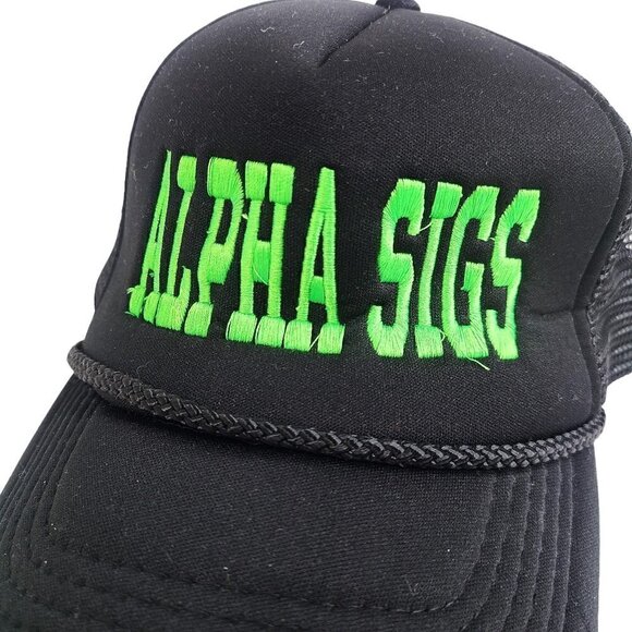 Alpha Sig Black Neon Green Embroidered Mesh Snapback Hat Cap - Picture 2 of 6